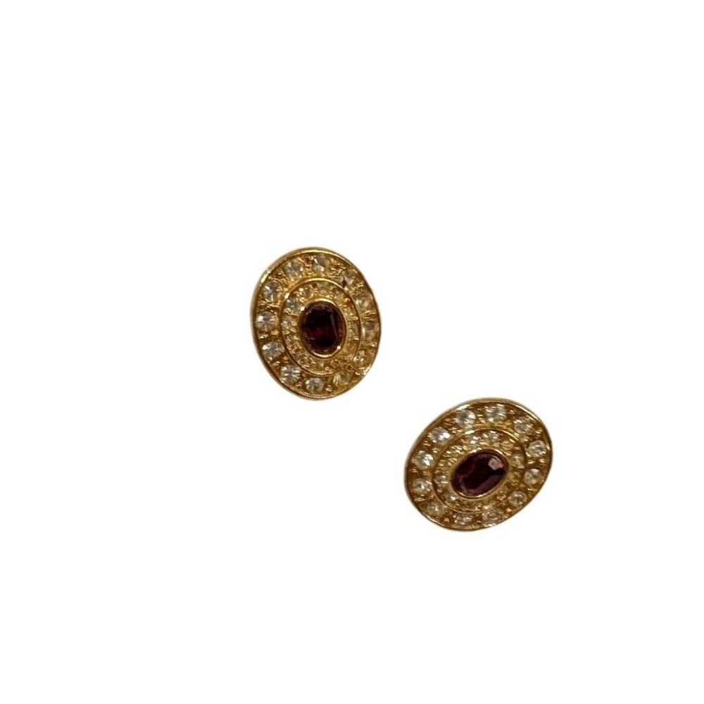 Vintage Gold Tone Ruby Red Crystal Oval Halo Stud Earrings Classic Formal